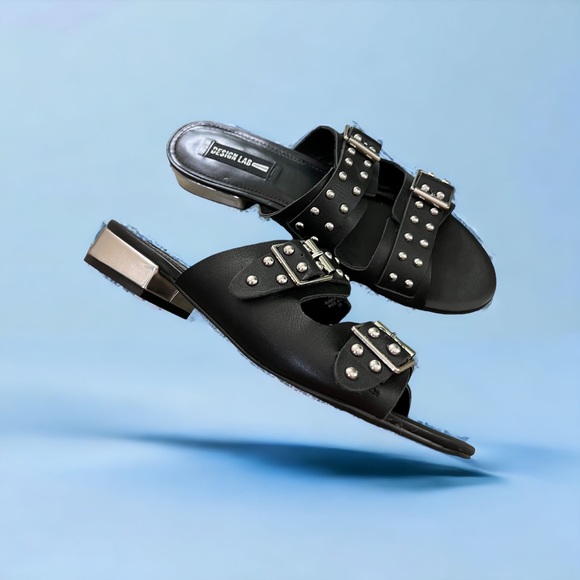 DESIGN LAB LORD & TAYLOR Punk Studded Rivet Leather Slip On Sandal size 9 Black - Picture 4 of 12